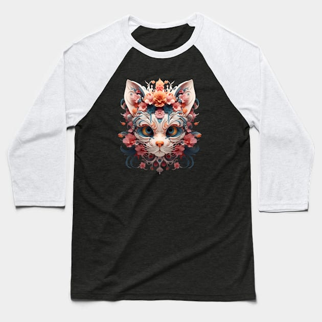 Cat 3d skull blooming flower Baseball T-Shirt by Sunakokookkook